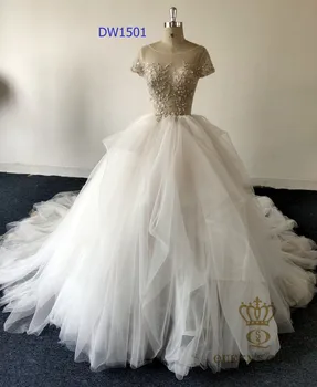 

Luxury beaded short sleeve boat neck champagne ball gowns long train wedding dress