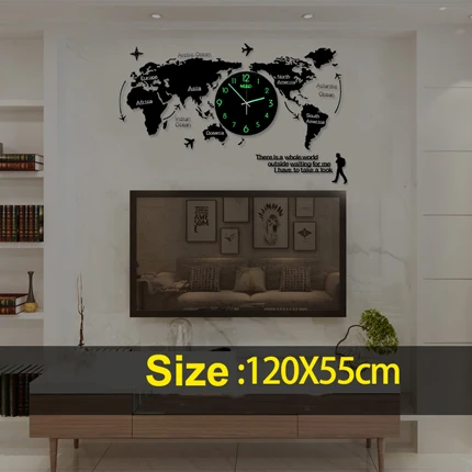 Большая карта мира настенные часы светящиеся современный дизайн для гостиной Светящиеся в темноте акриловые часы наклейки настенные часы домашний декор - Цвет: Size 120x55 cm Glow