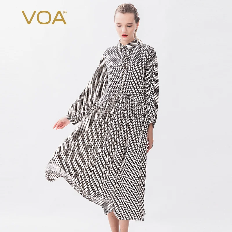 Voa Zwart-Wit Punt Mesh Zijde Dubbele Crêpe Polo Kraag Riem Ruche Ontwerp Losse Taille Zoom Jurk A10778 Voa Zwart-Wit Punt Mesh Zijde Dubbele Crêpe Polo Kraag Riem Ruche Ontwerp Losse Taille Zoom Jurk A10778
