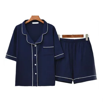 

Cotton Home Pajama Set Solid Women Simple Cozy Couple Pajamas Summer Men Women Casual Loose Short Sleeve+shorts Home Wear