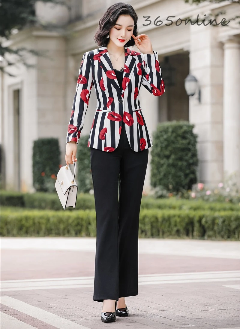 High Quality Fabric Striped Women Business Suits with Pants and Jackets Coat OL Styles Professional Ladies Blazers Pantsuits