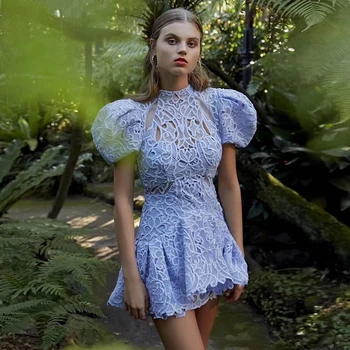 

Ailigou Summer 2020 Women'S Sexy Banquet Dress Ladies Round Neck Puff Sleeve Short-Sleeved Hollow Ruffled Irregular Mini Dress