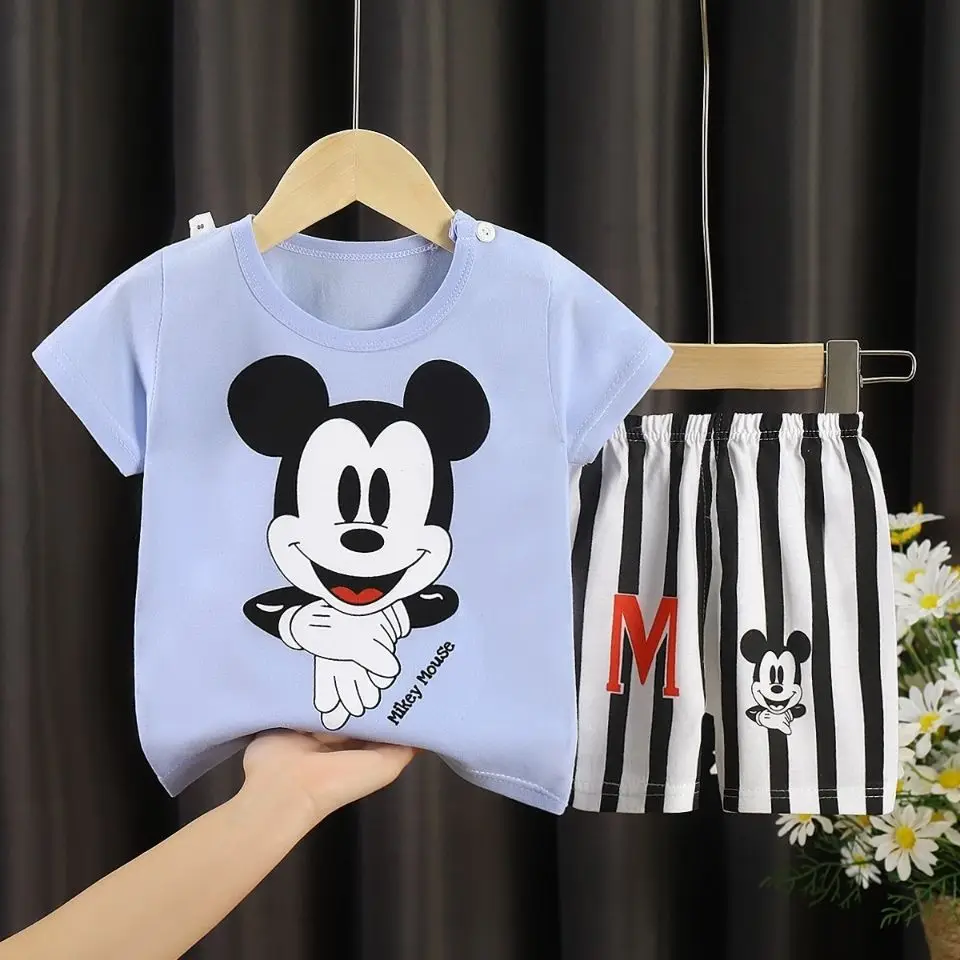 Brand Clothing Kids 2 Piece Set Mickey Print + Shorts Trousera Clothes Baby Toddler Children Short Sleeve Costume Outfit