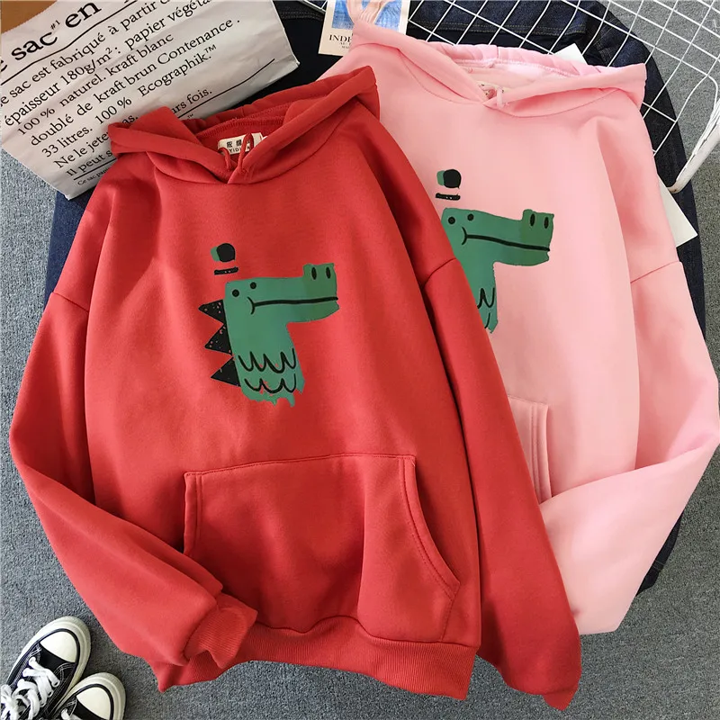 Shellsuning Harajuku женские толстовки Толстовка корейский Kawaii зима зеленый динозавр мультфильм шаблон уличная одежда с длинным рукавом Топы