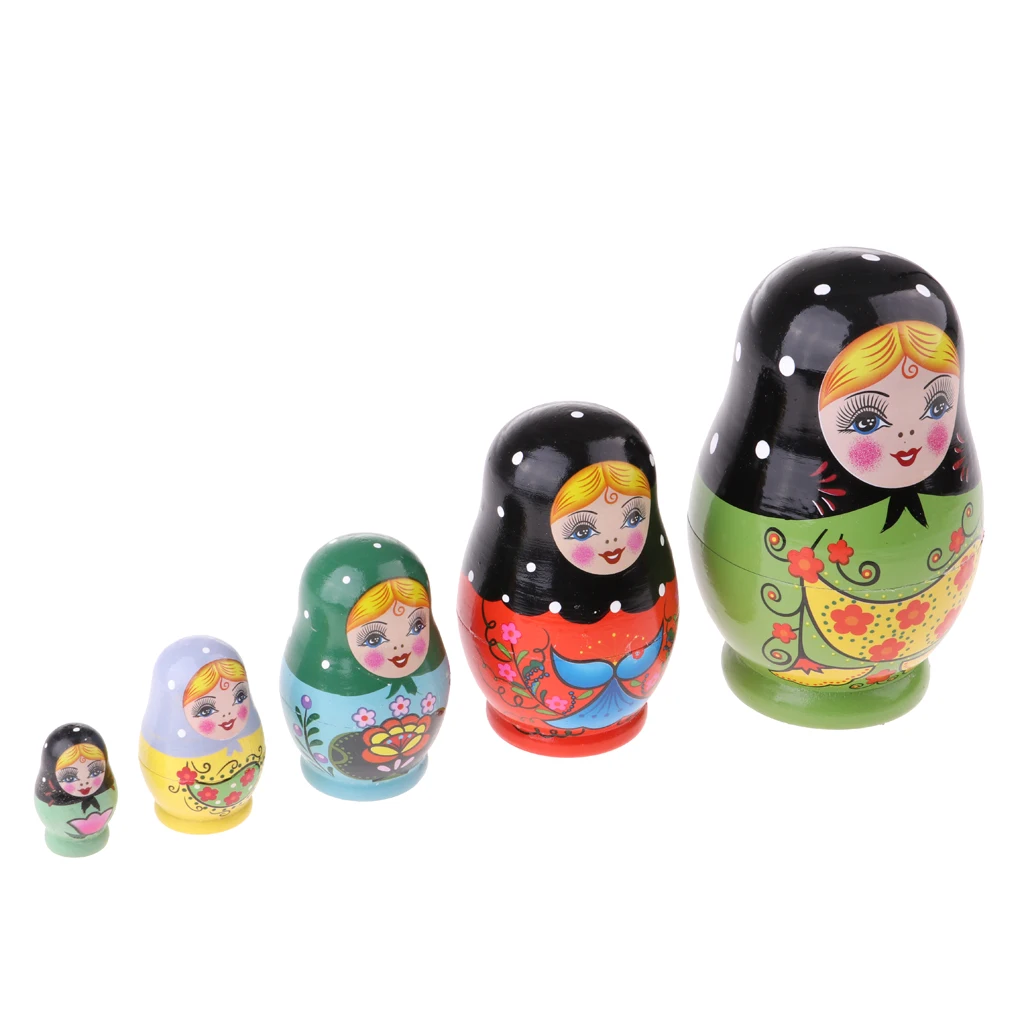 5PCS Painted Girls Wooden Russian Nesting Dolls Babushka Matryoshka Toys Craft