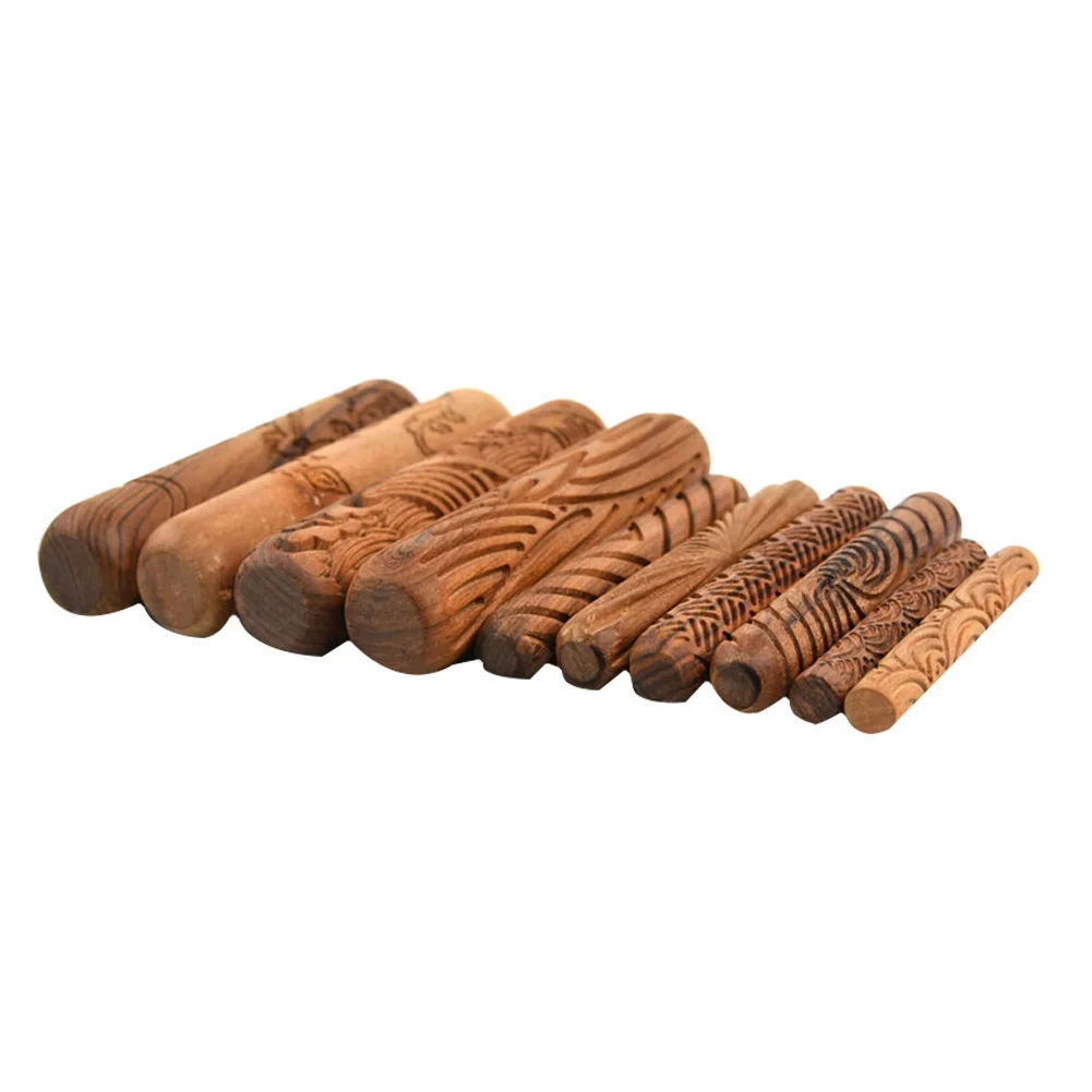 

10pcs Wooden Handle Pottery Tools Clay Modeling Pattern Rollers Kit Crafts Clay Sculpting Polymer Shapers Modeling Carve Tool