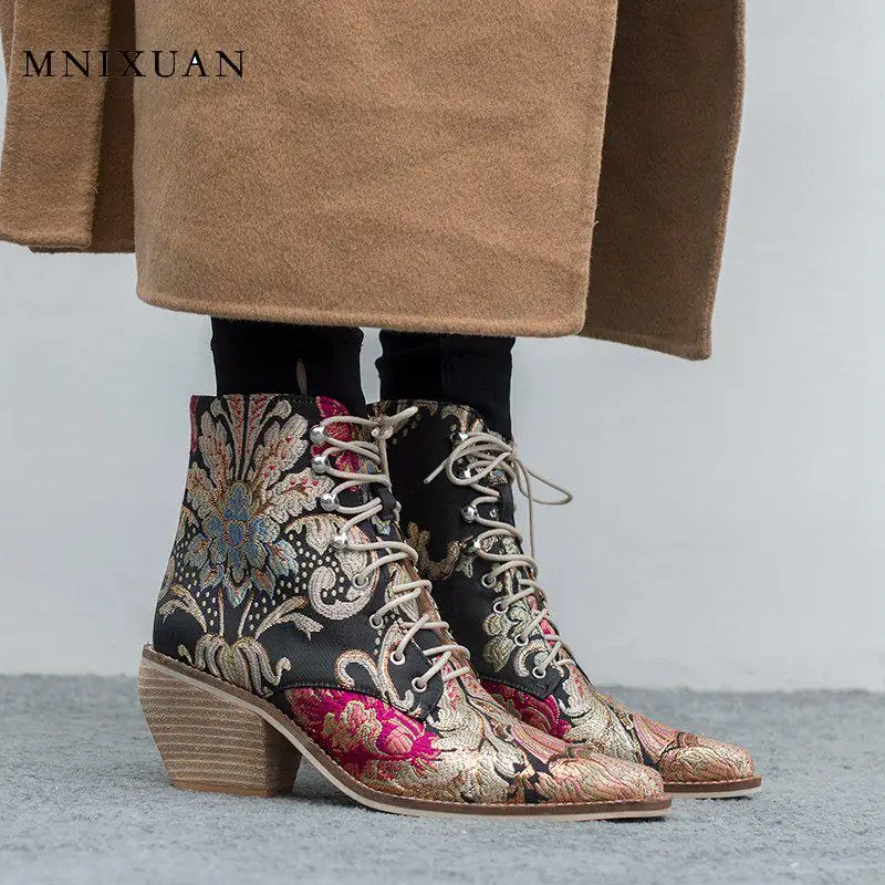 

MNIXUAN Handmade Designer Brand Luxury Women Shoes Embroidered Boots 2019 new square toe silk lace up High Heel red ankle Boots