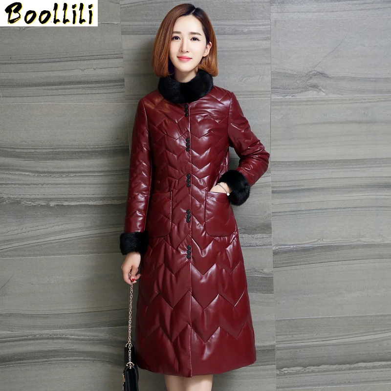 

Boollili Women Genuine Leather Jacket Natural Mink Fur Collar Long Winter Down Jackets Real Sheepskin Coat Plus Size 5XL