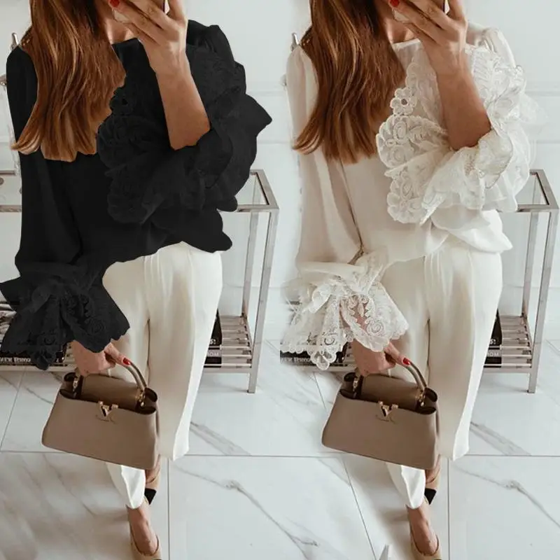 

Plus Size Tops Celmia 2019 Autumn Women Ruffles Long Sleeve Lace Blouses Female Casual Shirts Solid Loose Party Blusas Femininas