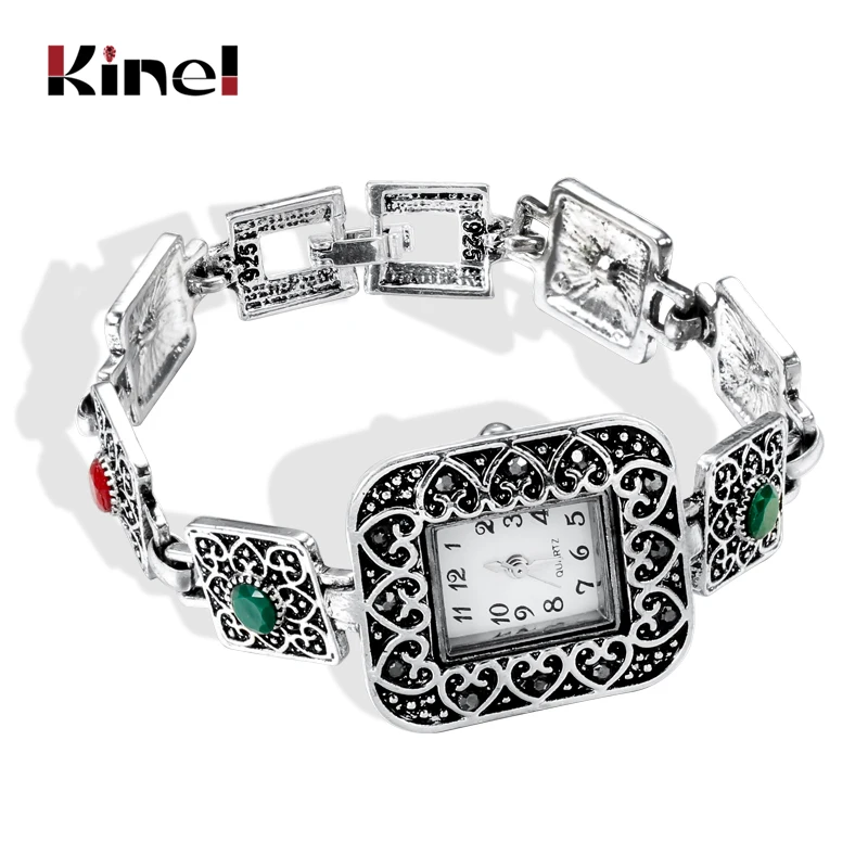 Kinel-Reloj de pulsera antiguo tibetano de cuarzo plata para mujer, pulsera de lujo, relojes de vestir para mujer, regalos de joyería de cristal