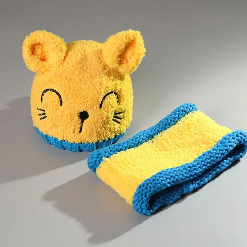 

0-3T Lovely Baby Hat Scarf Sets New Winter Warm Cartoon Hat with Ear Design Scarf Sets Children Kids Cute Knit Caps Scarves #m