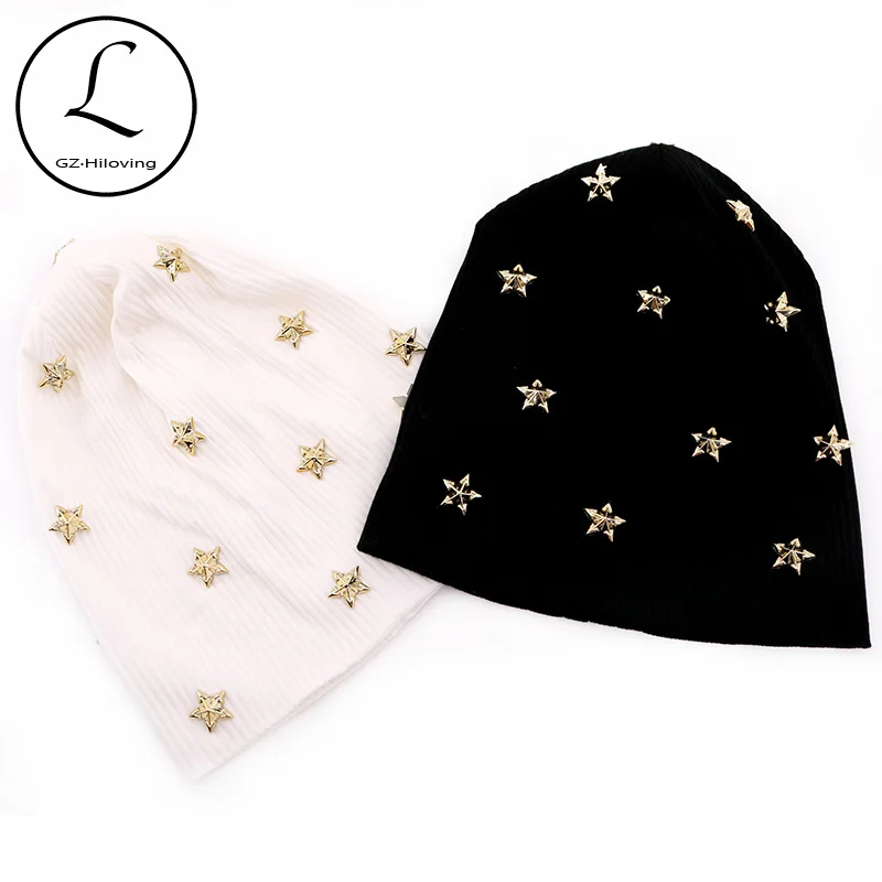 

Casual Women Star Ribbed Cotton Beanie hat Autumn Winter Knit Slouch hat for ladies Black Overisze Baggy Hats Customized Stuff