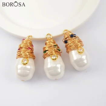 

BOROSA Natural Pearls Pendant Drop Baroque Pearl Beads With Multi CZ Charm Handmade Wire Wrapped Pendant Necklace Jewelry WX1274