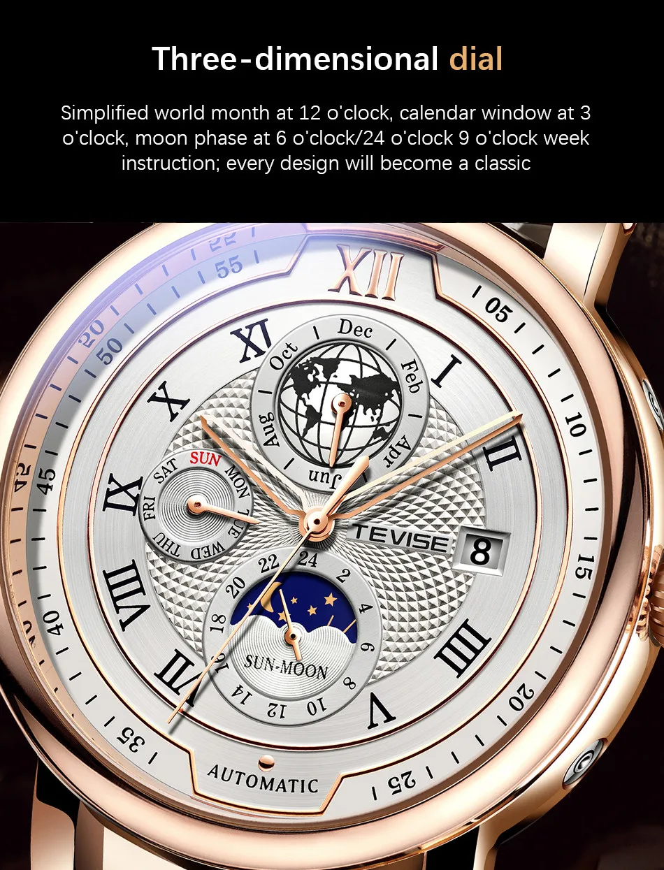 2021 New TEVISE Mens Mechanical Watches Top Brand Luxury Leather Moon Phase Automatic Watch Men Fashion Sport Waterproof Clock