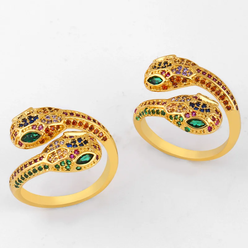 

2019Female Gold double Snake headed Ring Stackable Open Rainbow Snake Rings Pave Colorful Cubic Zirconia Fashion Jewelry rig-j01