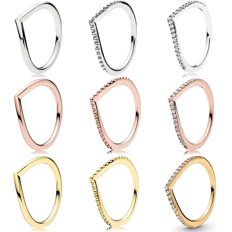 Authentic 925 Sterling Silver Ring Rose Golden Shine Wish Bone Set With Crystal For Women Gift Fashion Jewelry | Украшения и