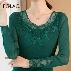 FGLAC, женская блузка, blusas mujer de moda, длинный рукав, кружевные топы, модная, элегантная, тонкая, открытая, сетчатая рубашка размера плюс, женская