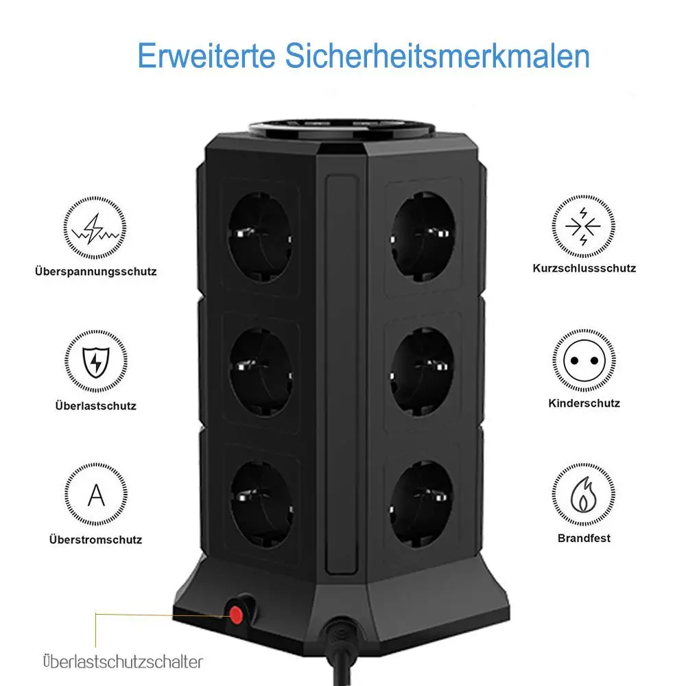 TESSAN 12-Way Socket Strip (2500W / 10A) 5 USB Ports, Multiple Sockets with Switch Overload Protection for Home Office, 2m cable
