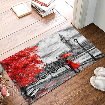 

Picture Of England Red Danqing Painting London Landscape Woman Watercolor Umbrella Autumn DoorMat Outdoor Indoor Bathroom Rug