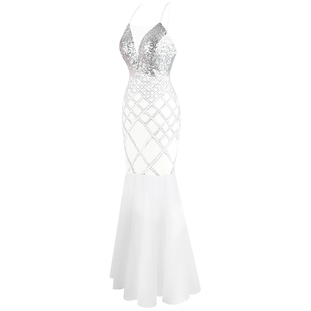 Angel-fashions Холтер шаблон блесток Иллюзия спинки кружева вверх Bodycon длинное платье выпускного вечера Винтаж серебро 470