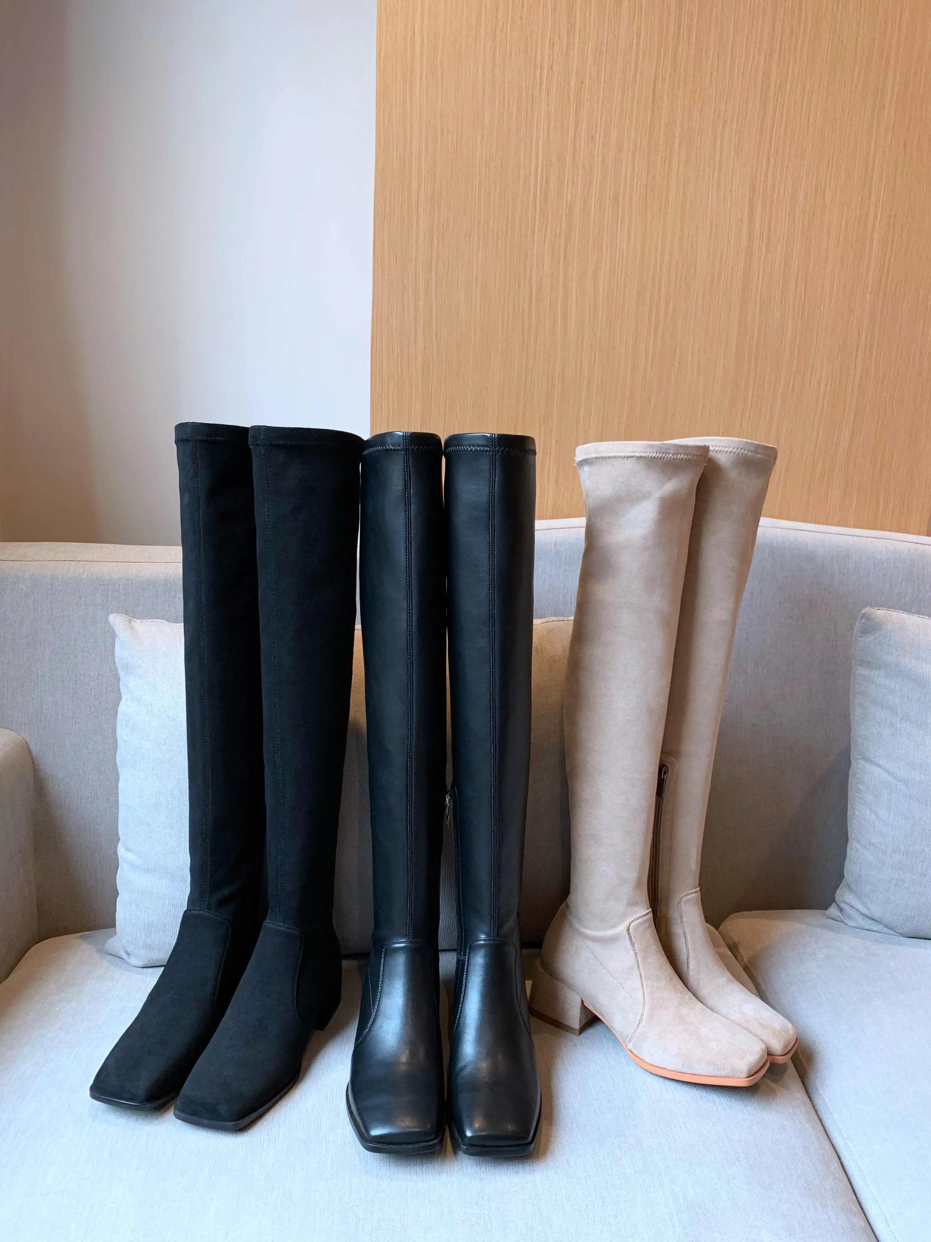 Lenkisen fashion square toe soft flock stretch boots med heels side zip winter women high street fashion thigh high boots L32