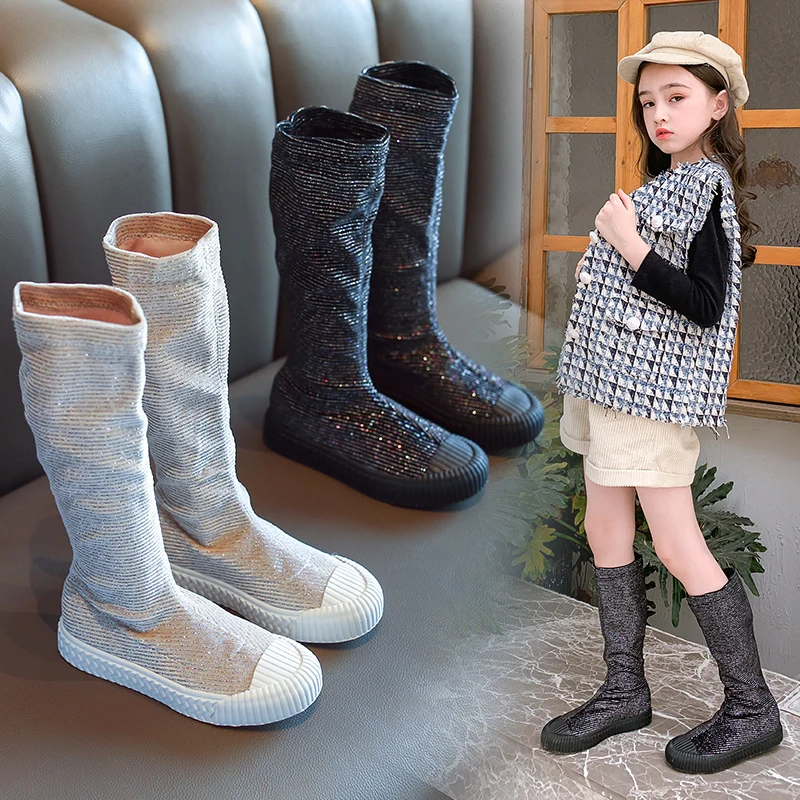 

AAdct 2019 girls high boots autumn new princess kids boots for girls little children shoes Elastic Sequins Brand High-quality