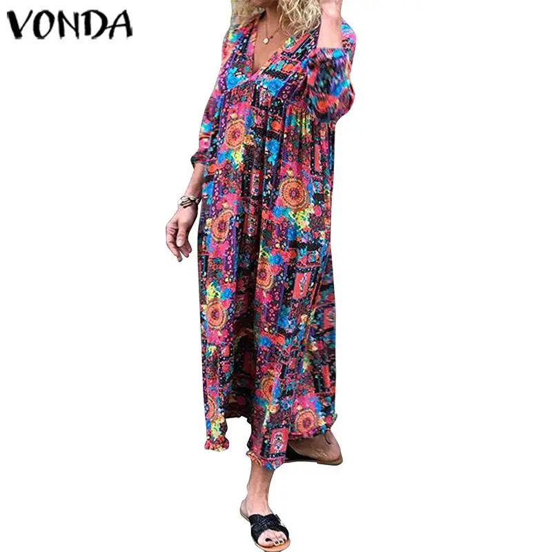 VONDA, женское платье, винтажное, v-образный вырез, богемное, с принтом, длинное, макси, платья размера плюс вечерние, Vestidos, летний сарафан, сексуальное, Femme Robe S-5XL - Цвет: Red