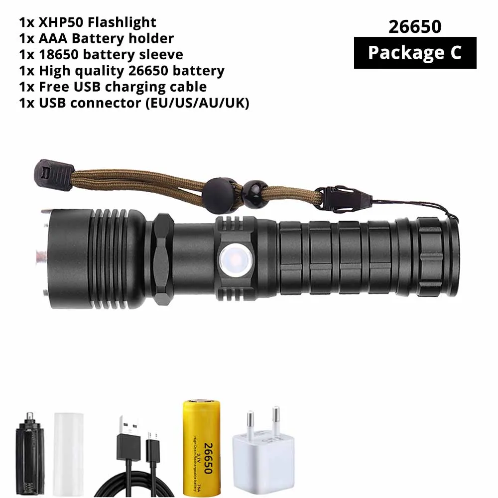Мощный светодиодный фонарь XHP50 с зарядкой от usb, светодиодный тактический фонарь с поддержкой зума, 5 режимов освещения, питание от аккумулятора 18650 или 26650 - Испускаемый цвет: Package C-26650