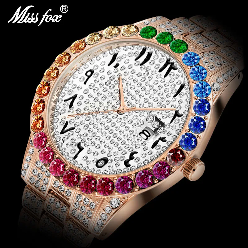 

PLAEND Dropship Men Wristwatch Daytona Rainbow Colored Diamond Quartz Watch Men Round Bezel Rose Gold Oyster Ice Out Men's Watch