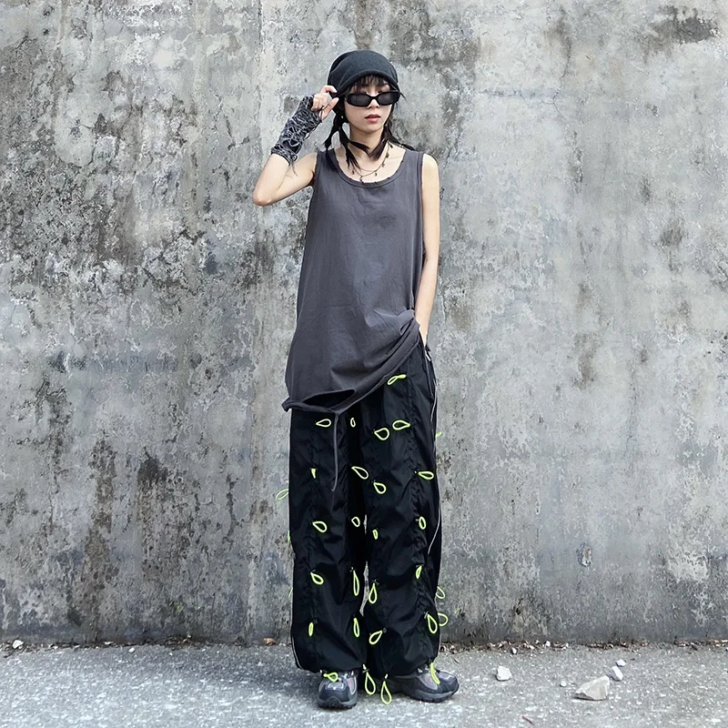 [EAM] High Elastic Waist Green Drawstring Wide Leg Long Trousers New Loose Fit Pants Women Fashion Tide Spring Autumn 2020 1X847