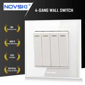 

NOVSKI 4-GANG 16A Wall Switch Socket German Bayer Flame Retardant Material Tempered Glass Panel 220-250V China CCC Certified