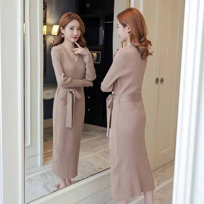 

Autumn And Winter Korean-style Long Sleeve Mid-length Pullover Knitting Shirt Dress over-the-Knee Base Shirt Women's
