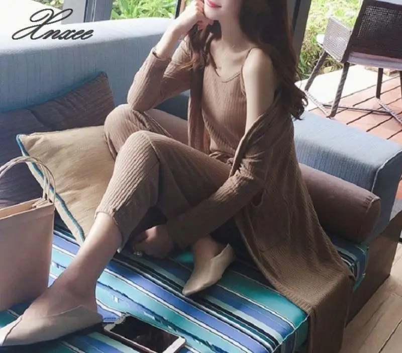 

2019 Women Cardigan Sweaters Pants 3 Pieces Set Loose Knitted Sets Casual Tracksuit Xnxee