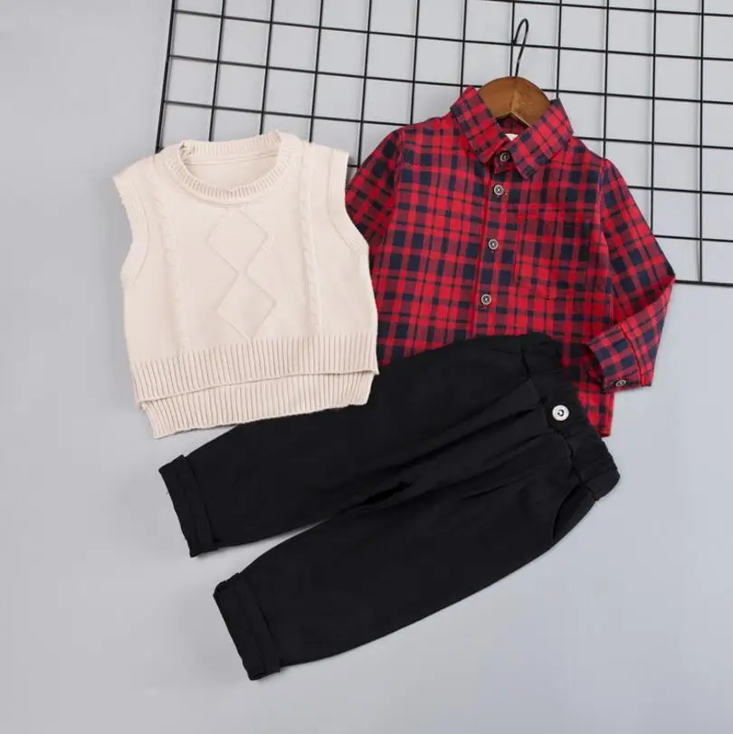 Boys'Dress/ стильный детский шерстяной свитер на весну и осень, жилетка, рубашка, клетчатая детская одежда, комплект из трех предметов