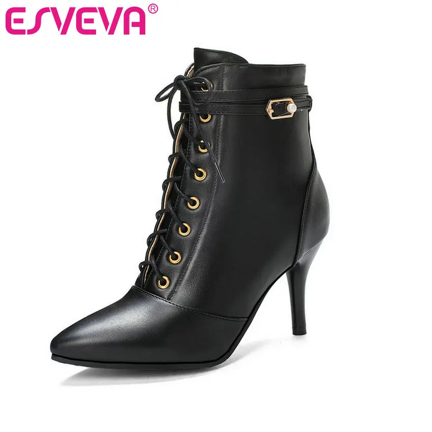 

ESVEVA 2020 Women Shoes Winter Ankle Boots Thin High Heel Zipper PU Leather Lace Up Black Motorcycle Platform Boots Size 34-43