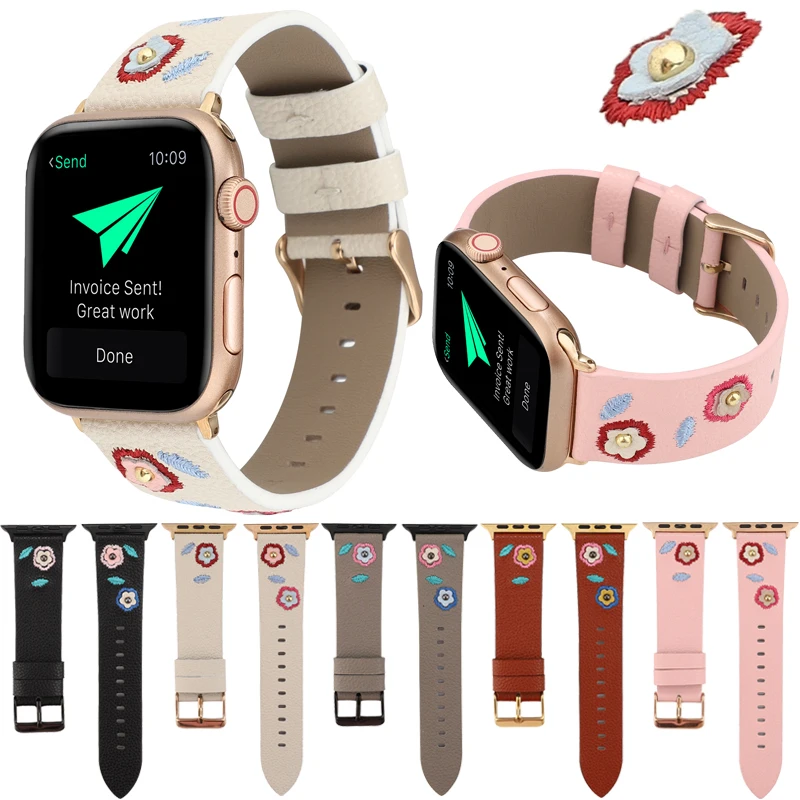 

Leather strap For apple watch band series 5 4 3 2 1 embroidered style sports Bracelet for iwatch bands 42/38/44/40mm accessories