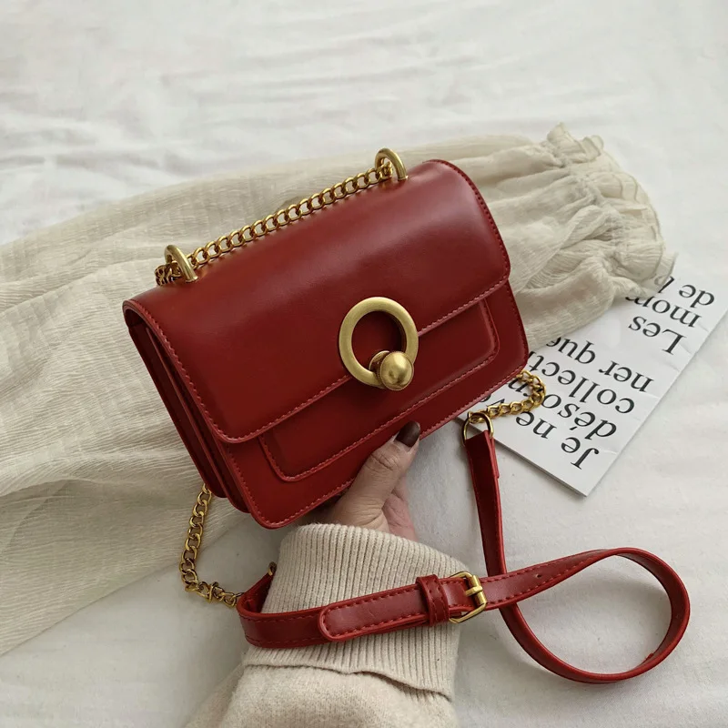 

Casual Wind WOMEN'S Bag Solid Color Versitile Lock Square Sling Bag 2019 Winter New Style Shoulder Chain Clutch