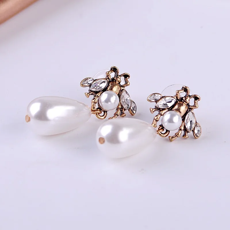 Vintage Gold Color Insects Drop Earrings Imitation Pearls Pendants Earrings Women Fashion Jewelry dangle earrings drop earrings pendant earrings long earrings golden earrings dome teardrop earrings