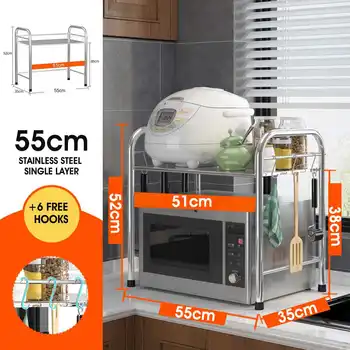 

Simple Fashion Microwave Oven Shelf Kitchen Storage Rack Multi-use Oven Spice Rack Steel with 6 Hooks Slip Non-slip Stability
