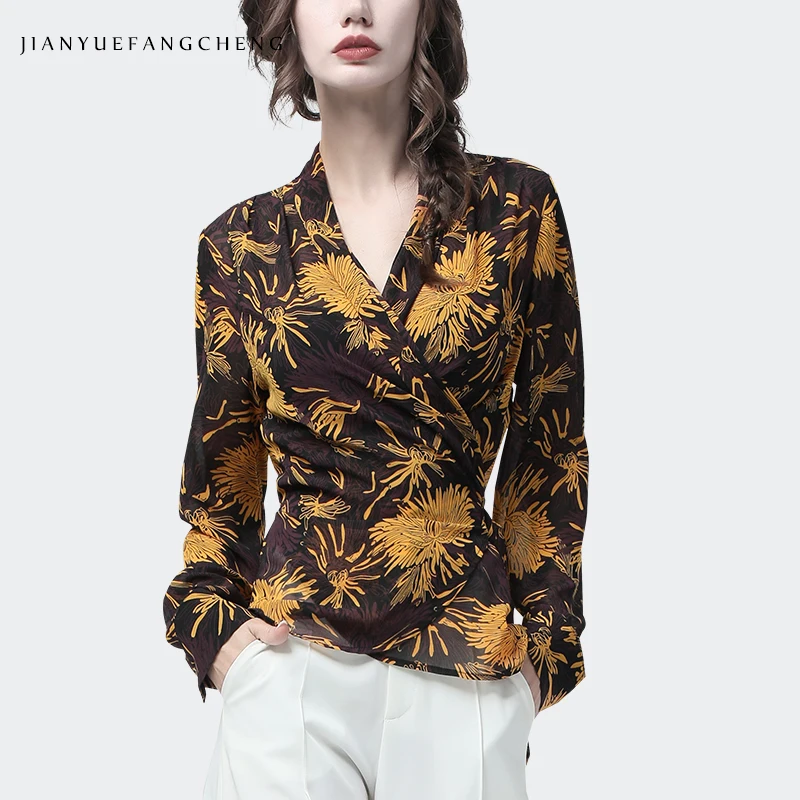 

Chrysanthemum Printed Women Chiffon Blouse Crossed V Neck Long Sleeve Spring Summer Top With Belt Elegant Slim Ladies Blouses