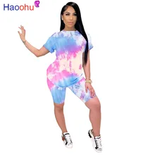 

Women Sportswear Two Piece Sets Summer Clothes For Women Tie Dyeing Print Slim Fit T Shirt And Biker Short Matching Set Outfits