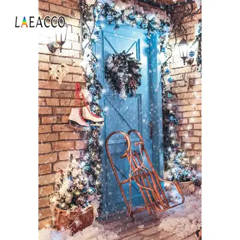 

Laeacco Winter Snow Rural House Porch Christmas Sledge Wreath Bulb Light Party Scene Photo Background Photo Backdrop Photostudio