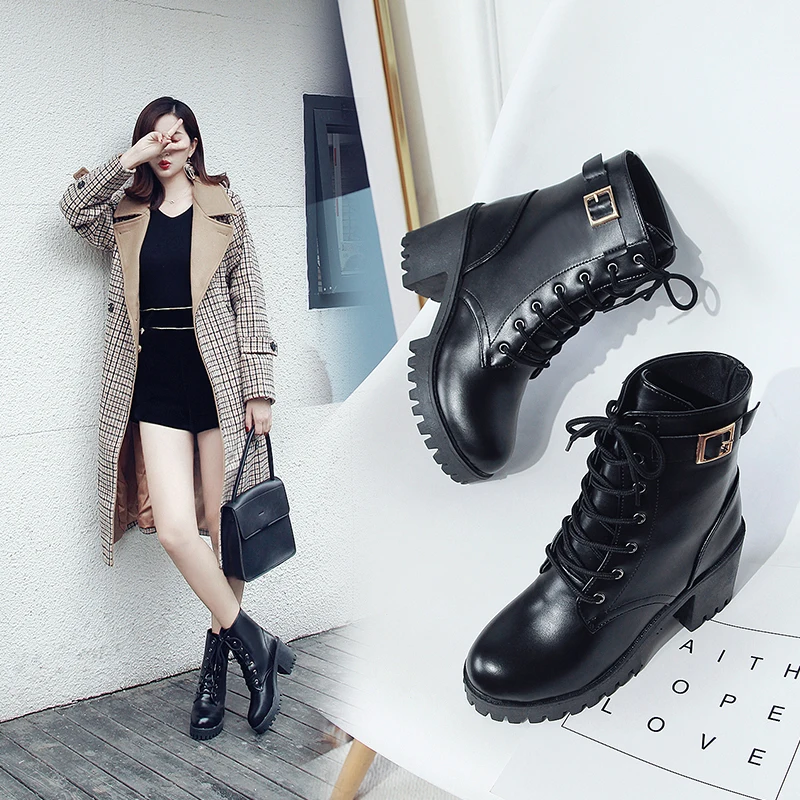 

Women's Short Boot Lace Up Boots Autumn Shoes Bootee Woman 2019 Booties Ladies Round Toe Luxury Designer Chelsea Ankle Rubber