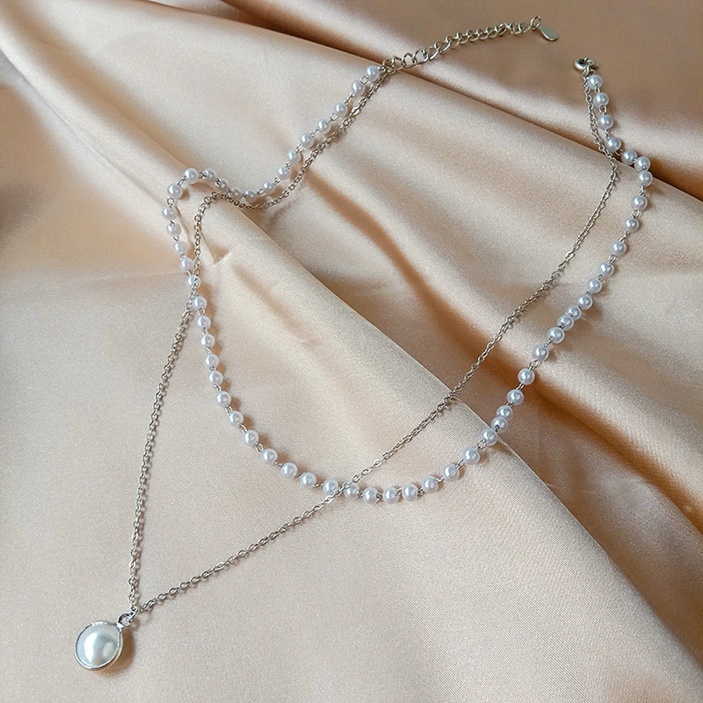 2022 New Fashion Kpop Pearl Choker Necklace Cute Double Layer Chain Pendant For Women Jewelry