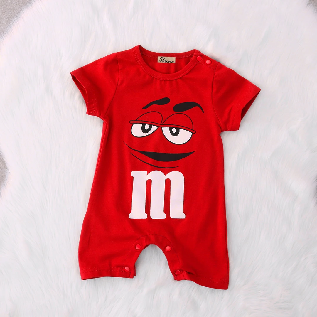 Лидер продаж; Одежда для новорожденных мальчиков и девочек с изображением лица карамельного персонажа; красный комбинезон с короткими рукавами; цельнокроеный комбинезон