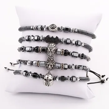 Men Jewelry Bracelet Vintage CZ Pave Bat/Spider/lion/eye/helment Charm Hematite Stone Friendship Bracelet For Men