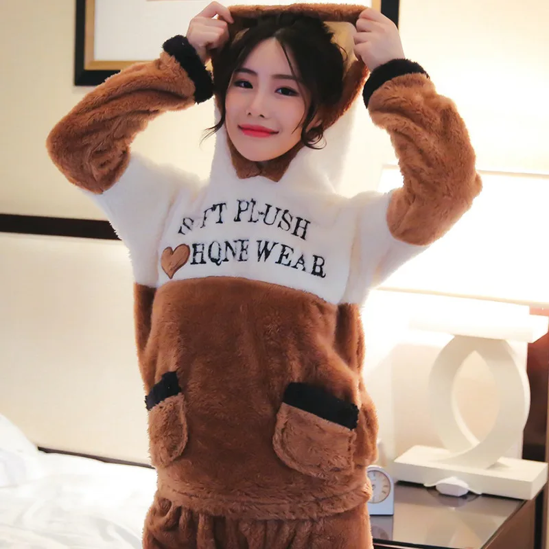 

Winter New Products Cute English Hooded Berber Fleece Women Pajamas Warm Peach Heart Lettered Pullover Homewear Set