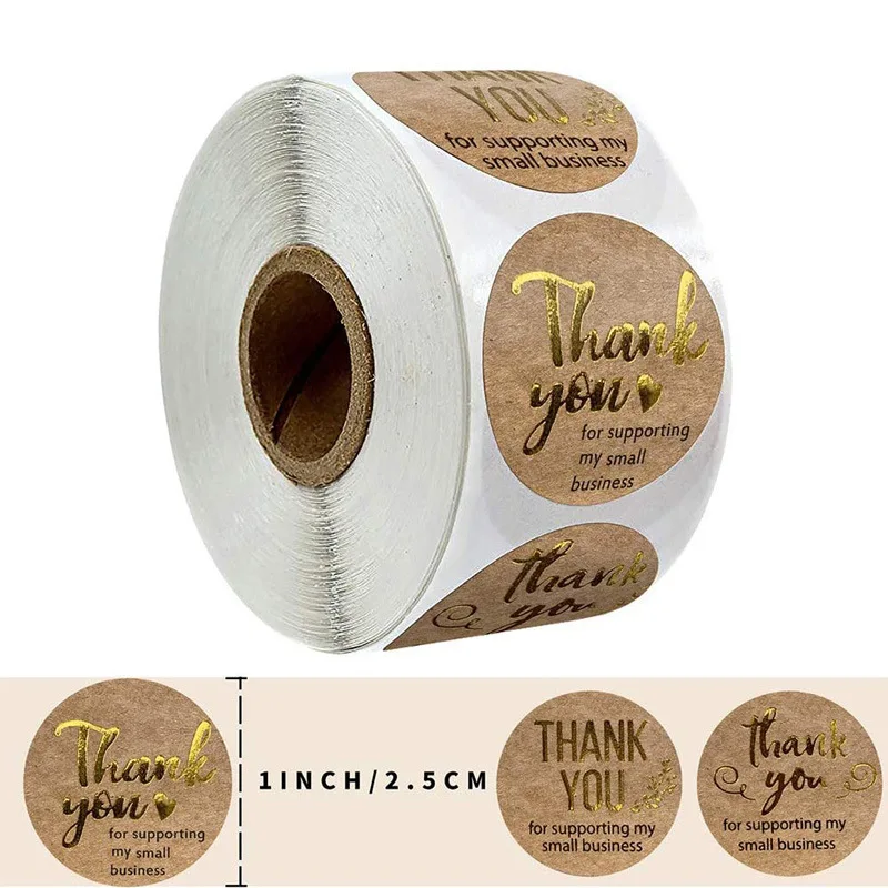 

3 Designs/Roll "Thank You for Supporting My Small Business" Round Kraft Gold Foil Label Sticker for Shop Handmade Decor Stickers