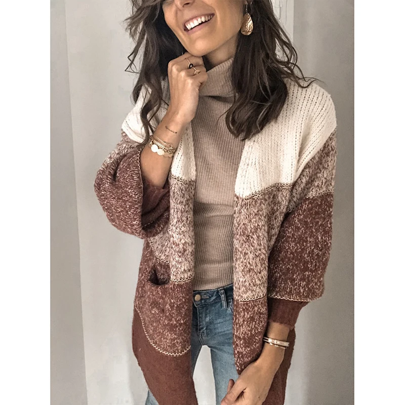 Autumn Long Sleeve Sweater Female Casual Color Block Stitching Cardigan Patchwork Loose Sweaters Women Winter |