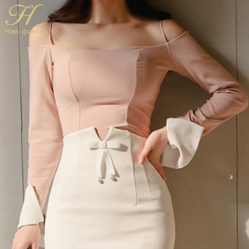 Pink Shirt H Han queen/Женская Осенняя коллекция года, сексуальные блузки с открытыми плечами и высокой талией, белое узкое облегающее платье, юбки, комплект из 2 предметов - Цвет: Pink Shirt